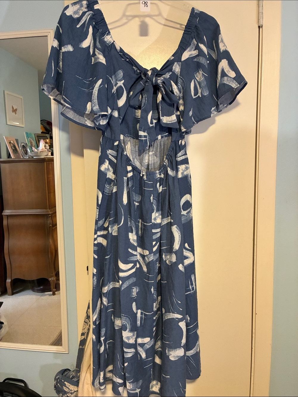 Navy & White Tie-Back, Open Back Midi Dress with Flutter Sleeves - Picture 2 of 7